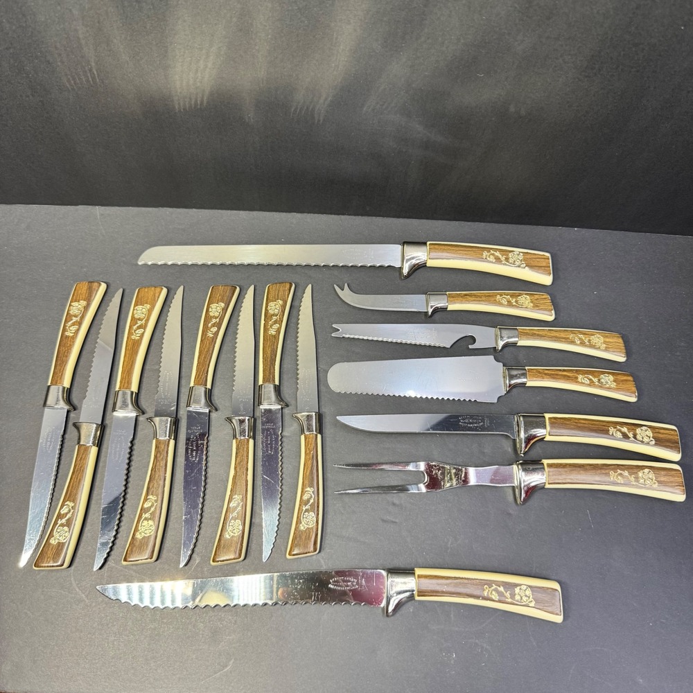 Lifetime Cutlery 15pc Knife‎ Set Regent Sheffield Gold Rose Stainless Steel VTG